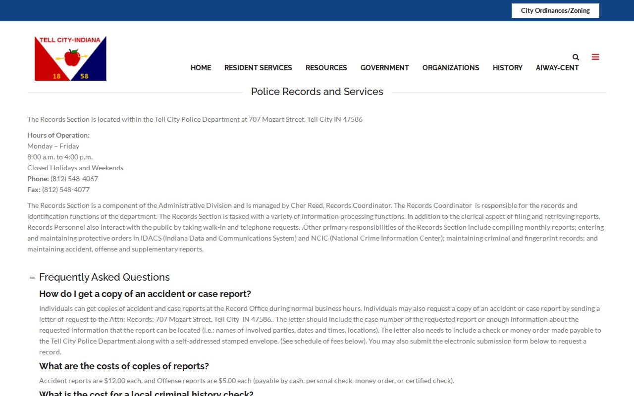 Tell City Police Reports request interface for arrest and incident records